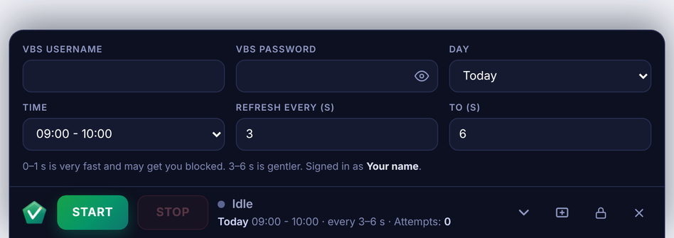 The VBS AI control bar at the bottom of a booking page